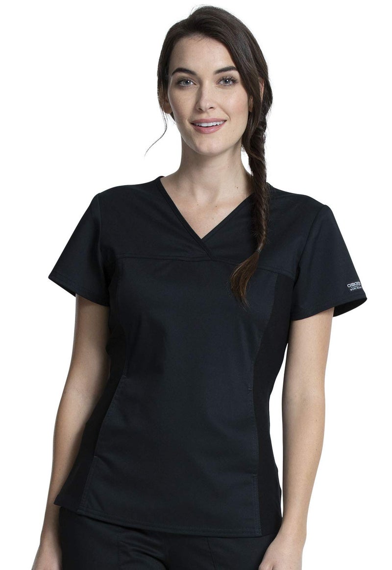 Cherokee V-Neck Knit Panel Scrub Top for Women Modern Classic Fit with Stretch Side Panels & Kangaroo Pocket - WW2875, M, Black - Image 1